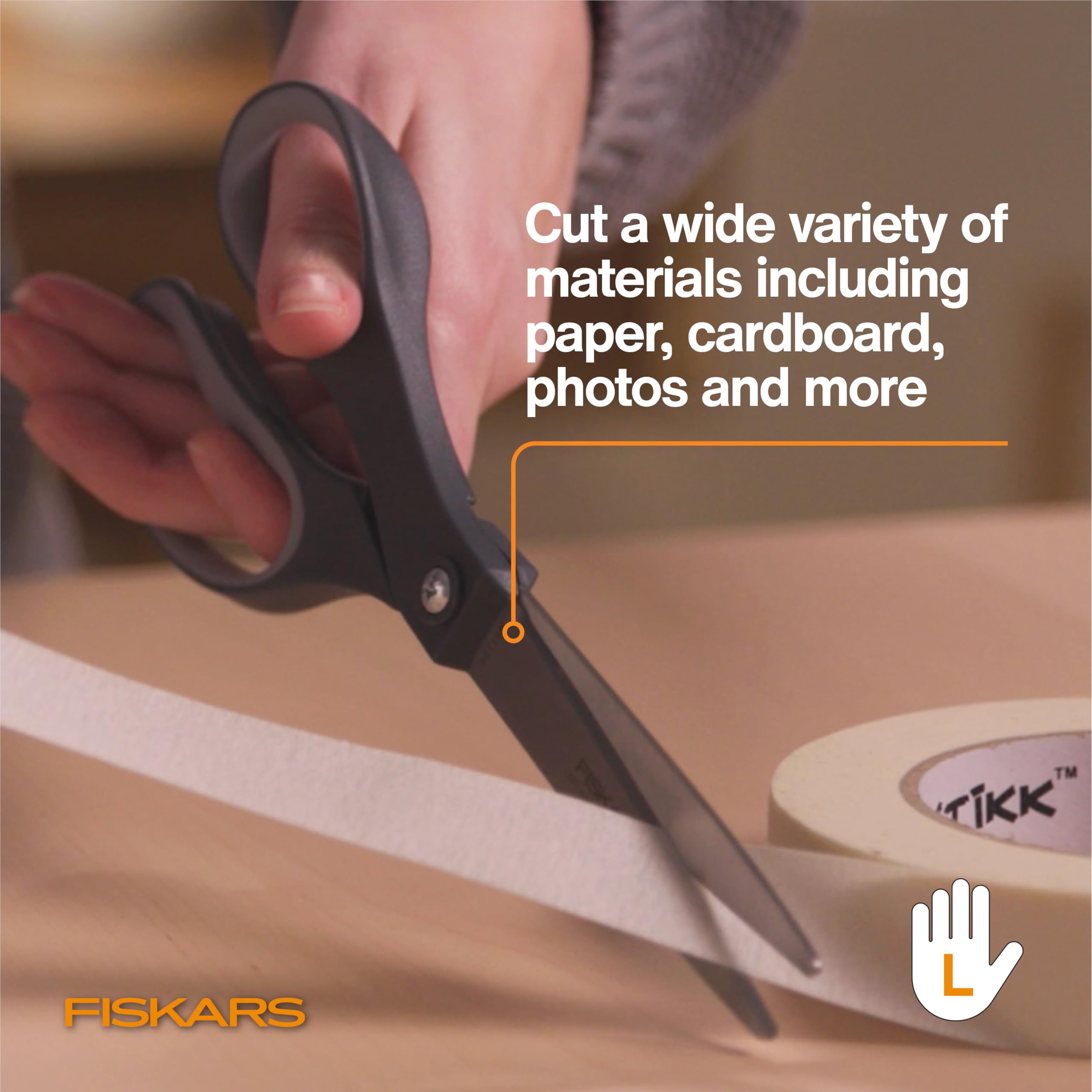 Fiskars left-handed design makes cutting effortless for the user.