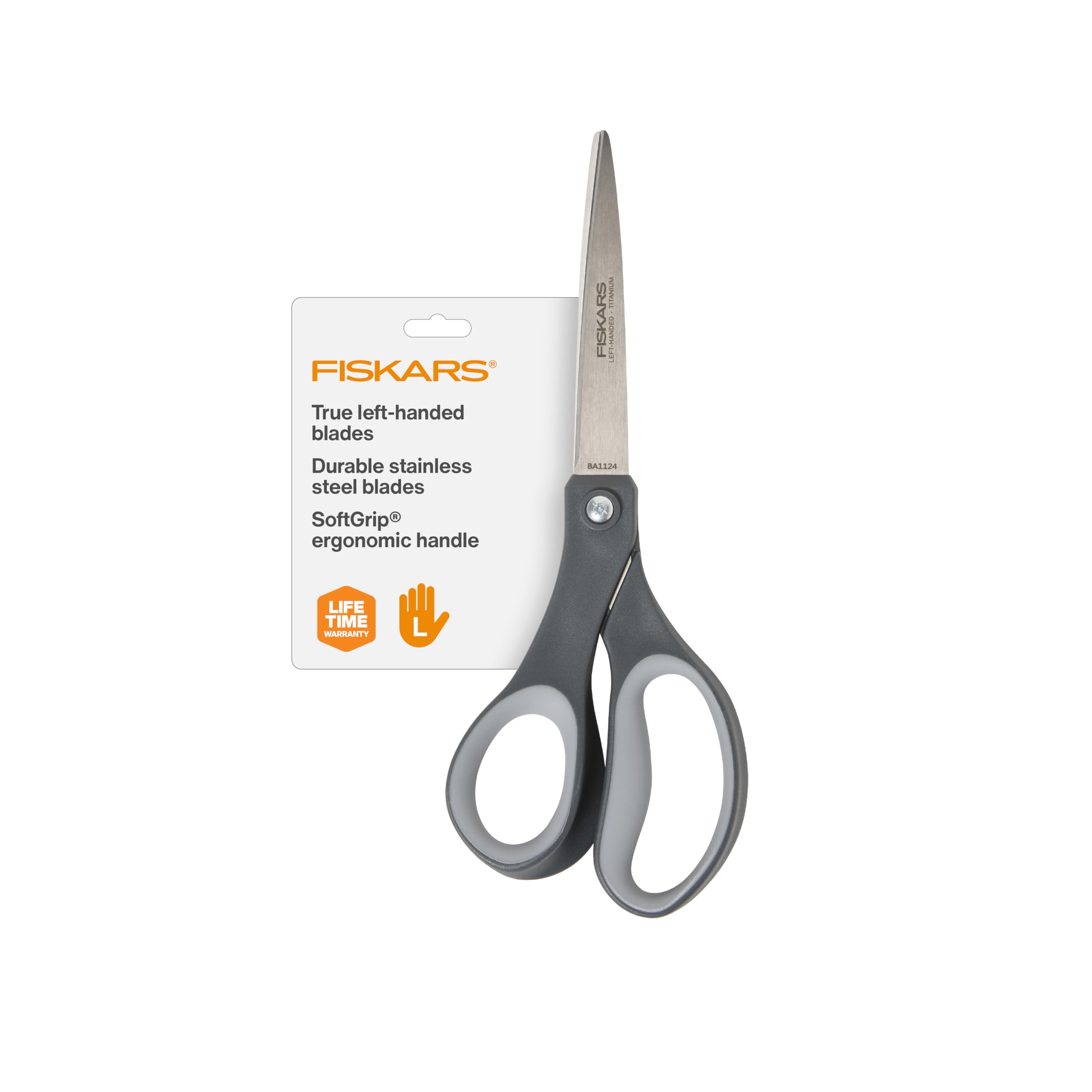 Fiskars left-handed titanium scissors with blade close-up for precise cutting.