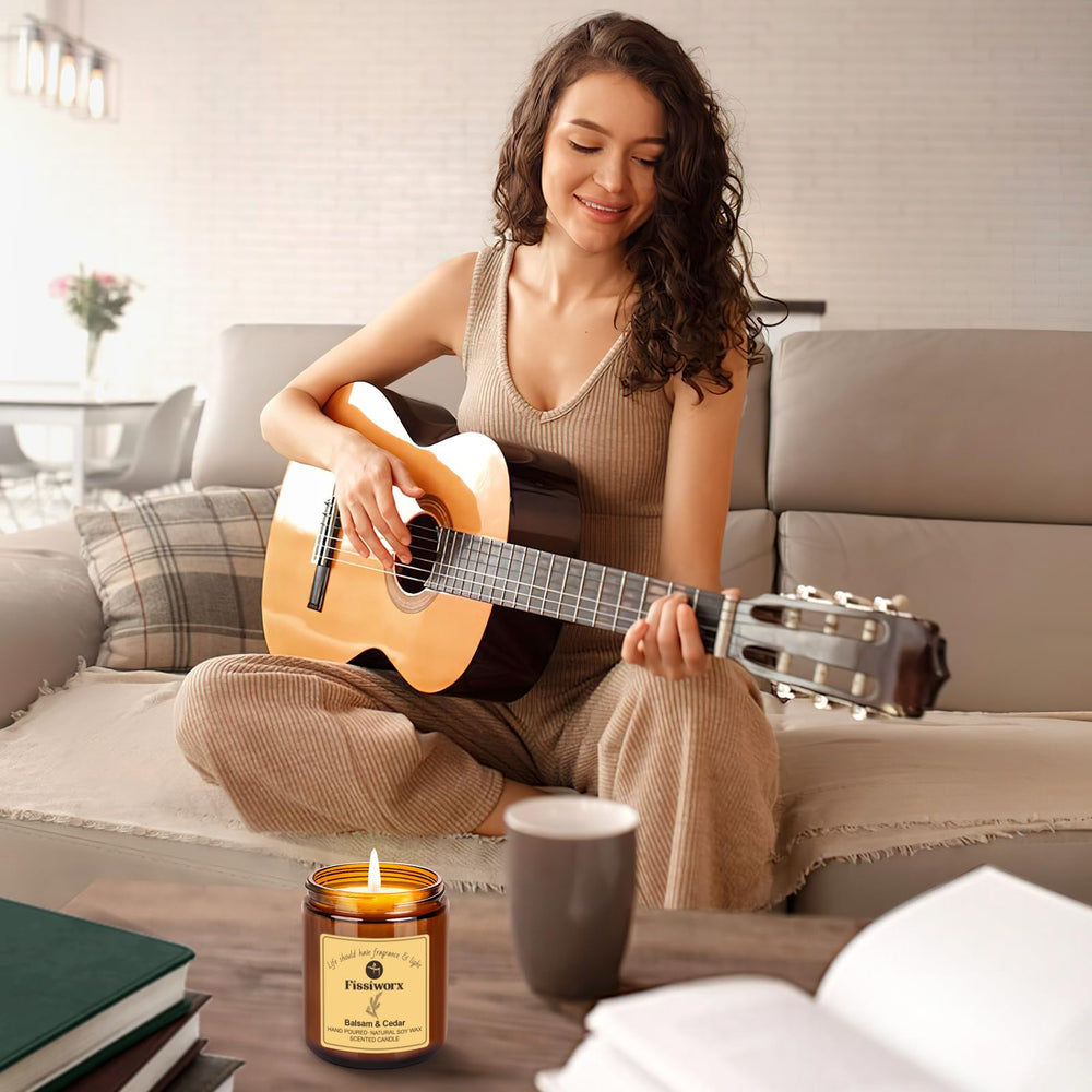 Fissiworx Vanilla candle enhances yoga sessions with calming scent.