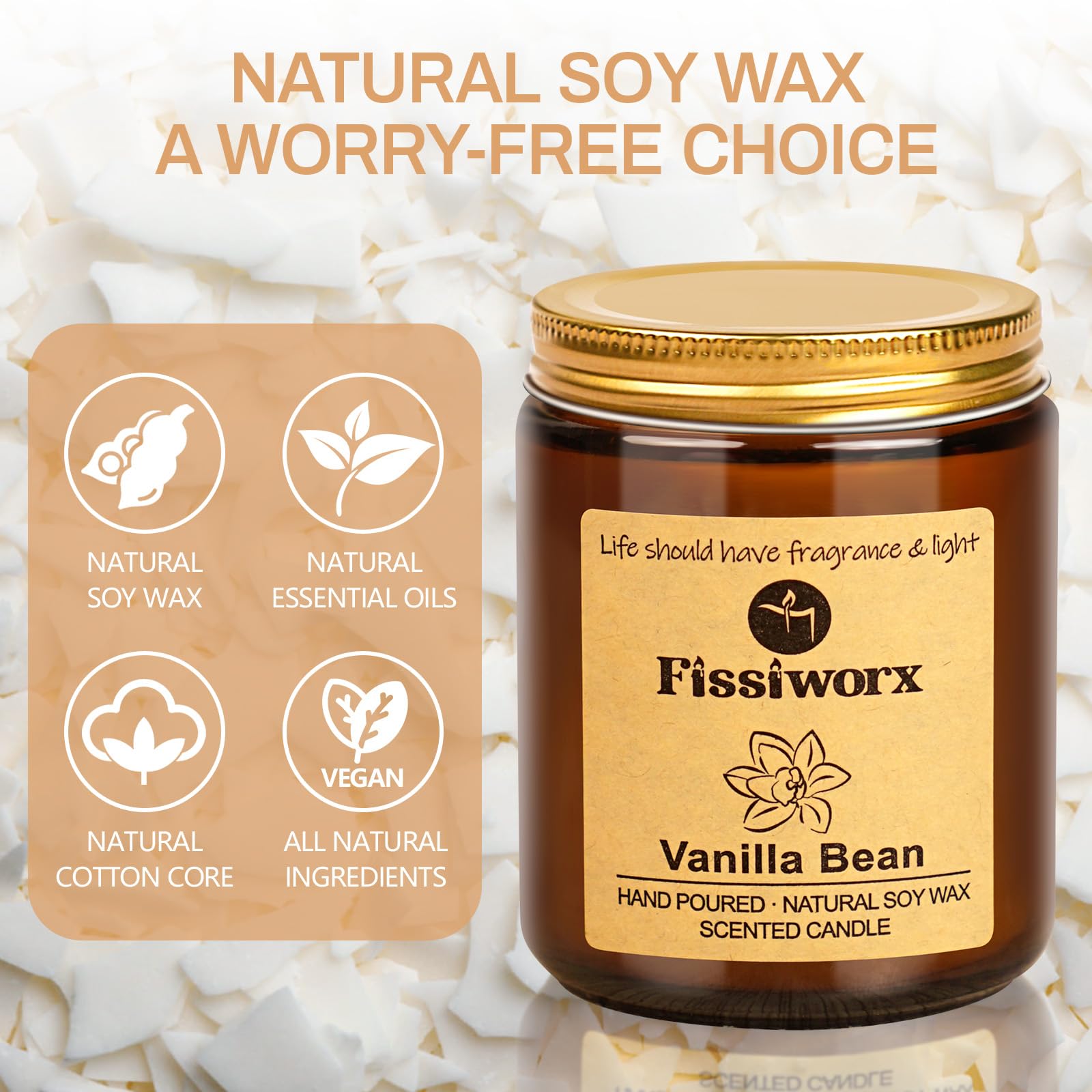 Fissiworx Vanilla soy wax candle burning at night gives a warm glow.