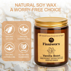 Fissiworx Vanilla soy wax candle burning at night gives a warm glow.