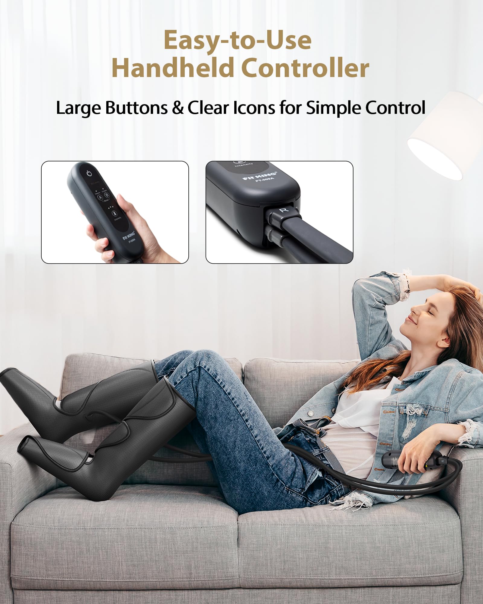 FIT KING leg massager controls offer easy setup and adjustable settings.