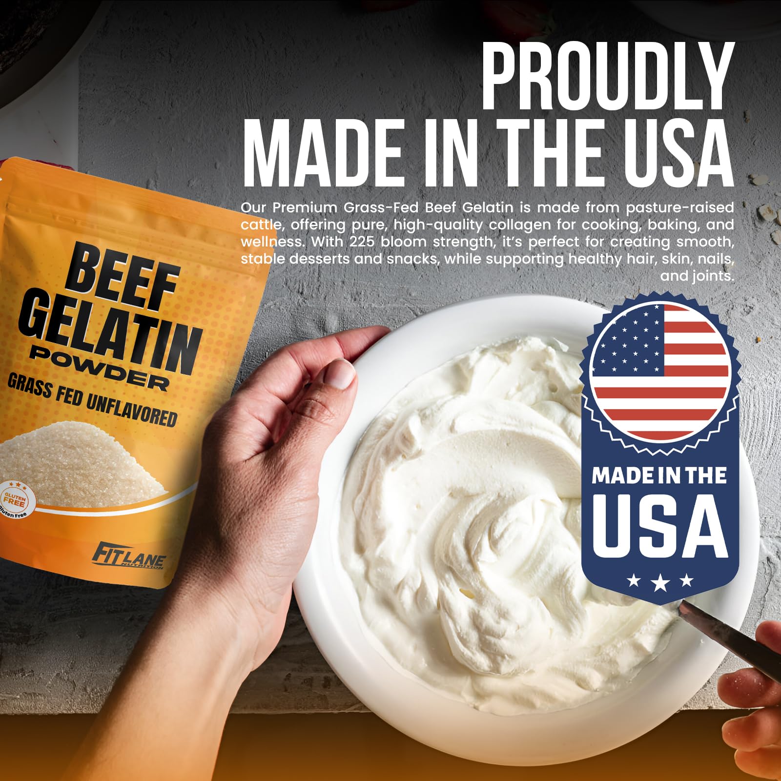 Fit Lane Beef Gelatin Powder baking-stable-dishes enhances custards and puddings.