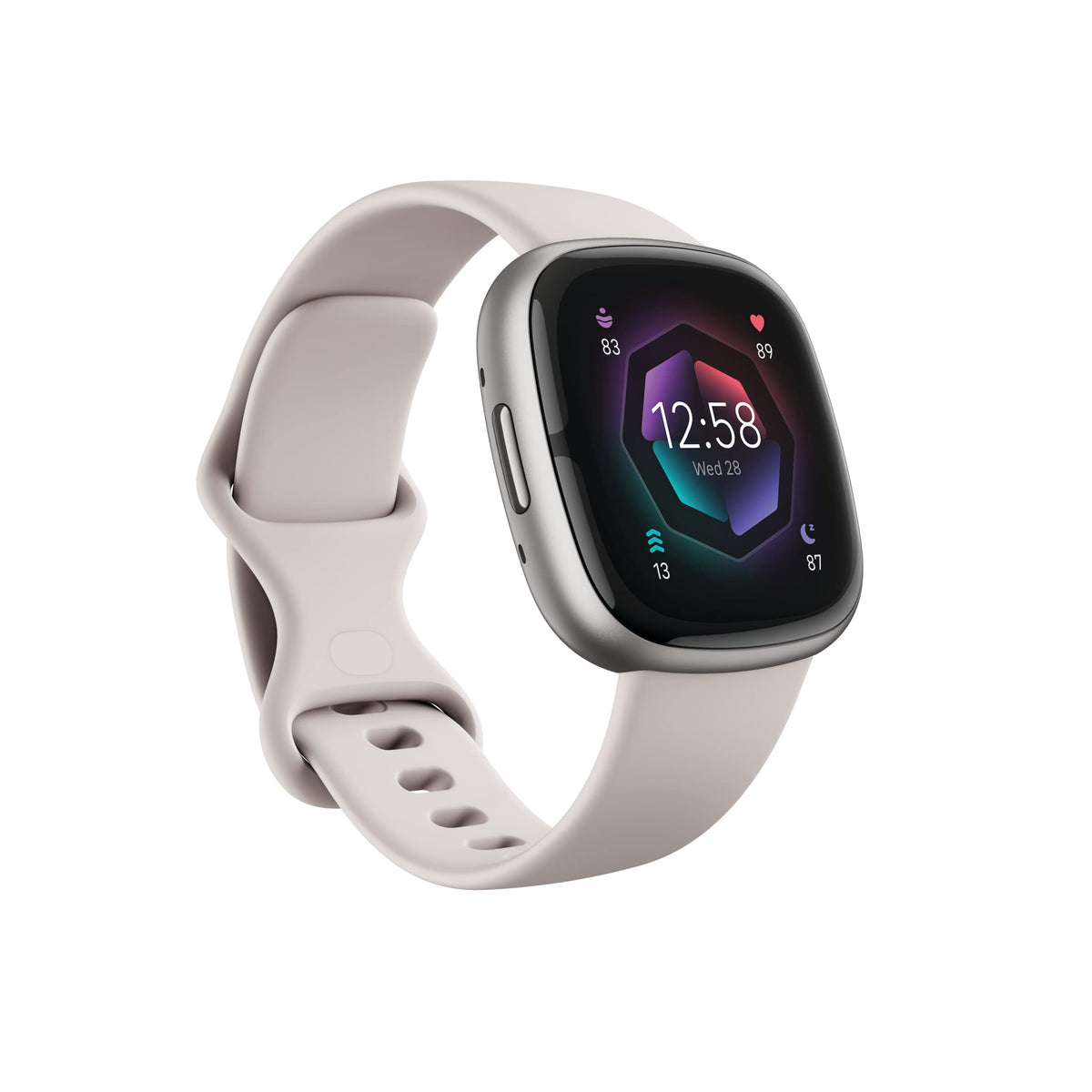 Fitbit Sense 2 front view in lunar white platinum for all-day wellness tracking.