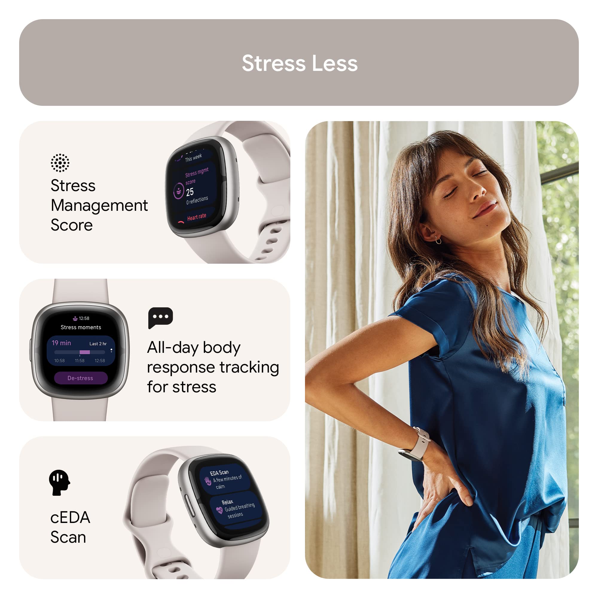 Fitbit Sense 2 on wrist display showing notifications during daily activities.