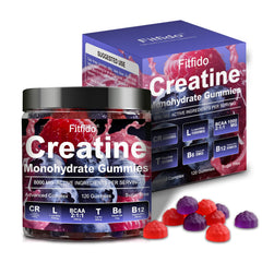 Fitfido creatine gummies bottle front with raspberry and blackberry flavor for on-the-go workouts