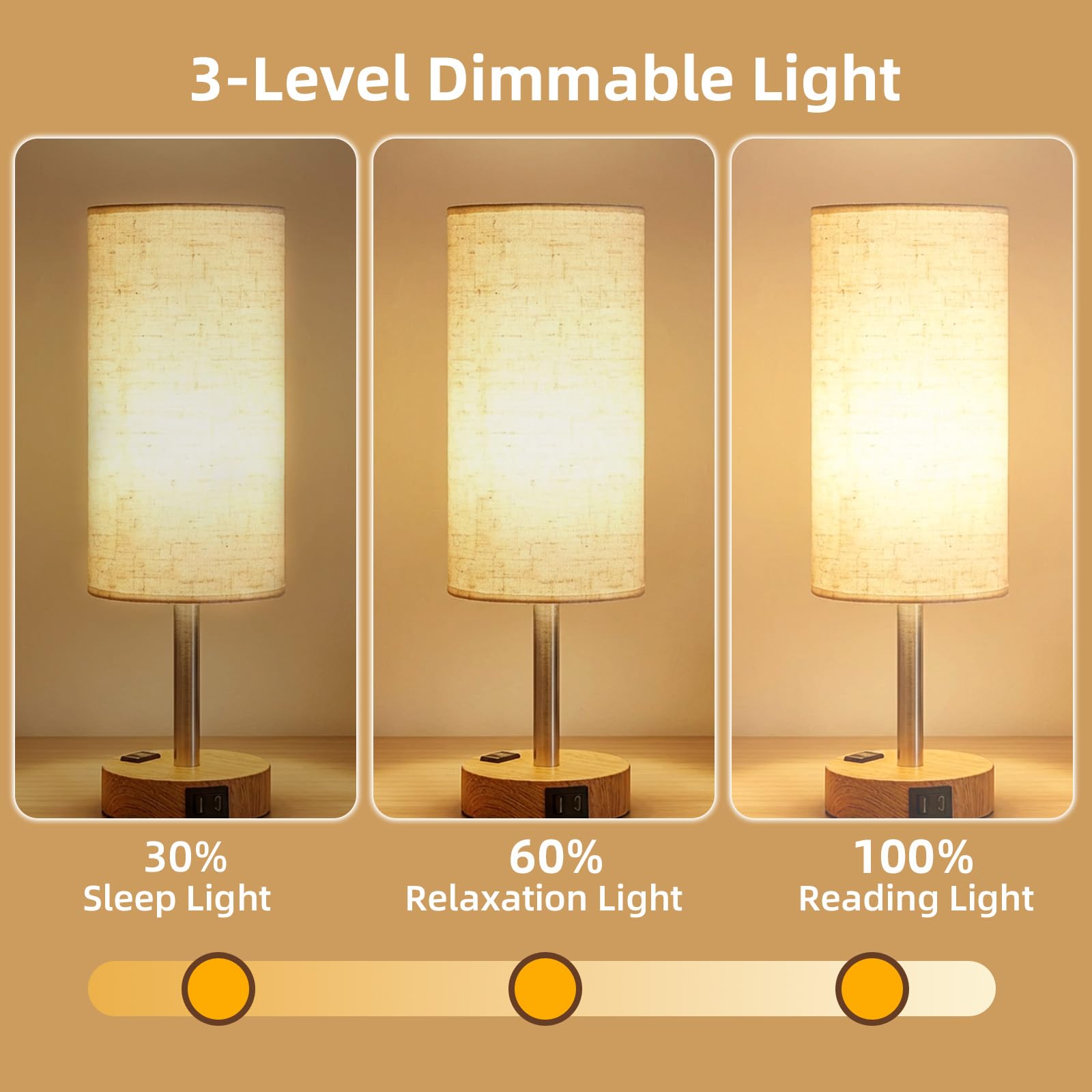 Three brightness levels on Fitfull table lamp for soft, reading, or bright light.