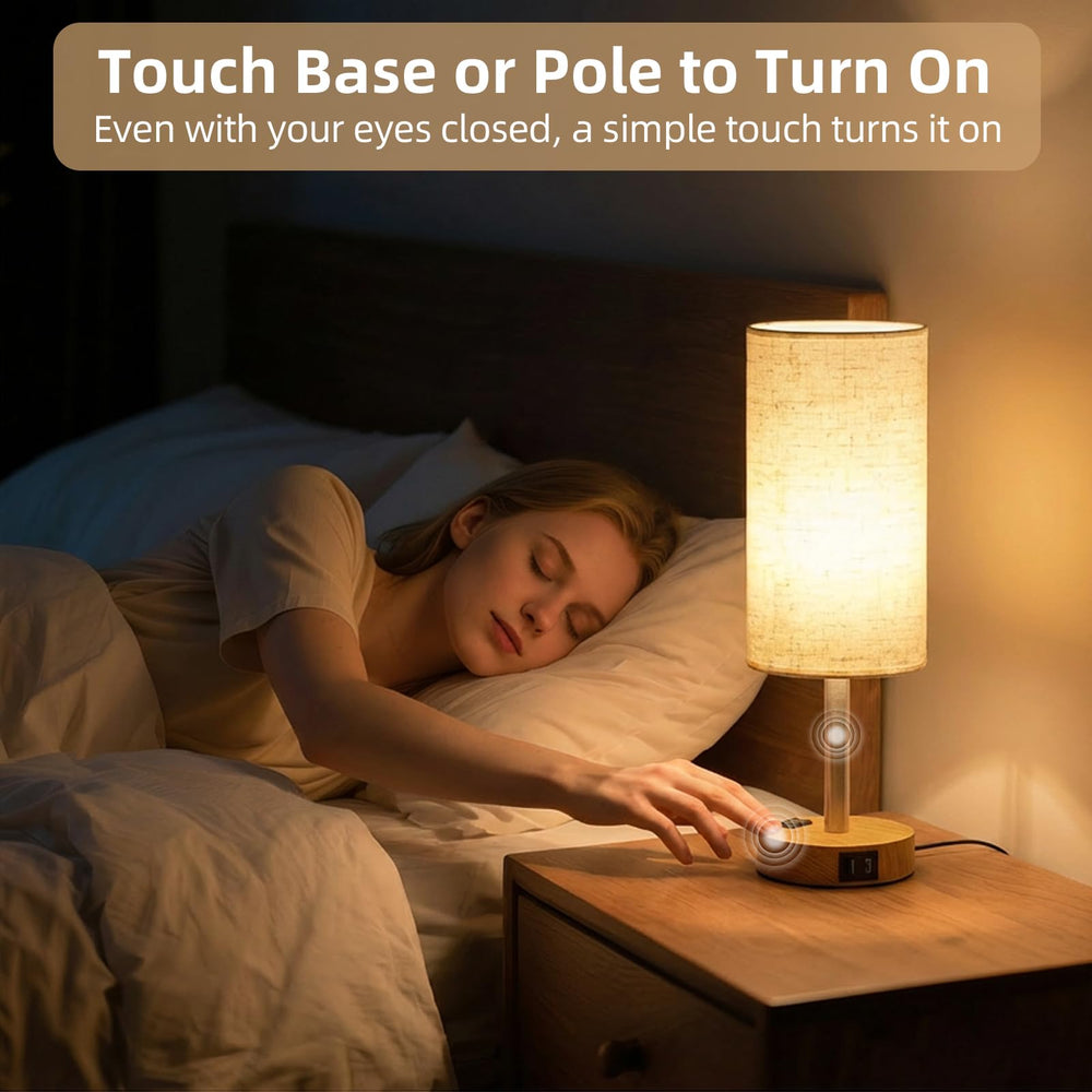 Warm wood finish of Fitfull lamp complements bedroom decor.