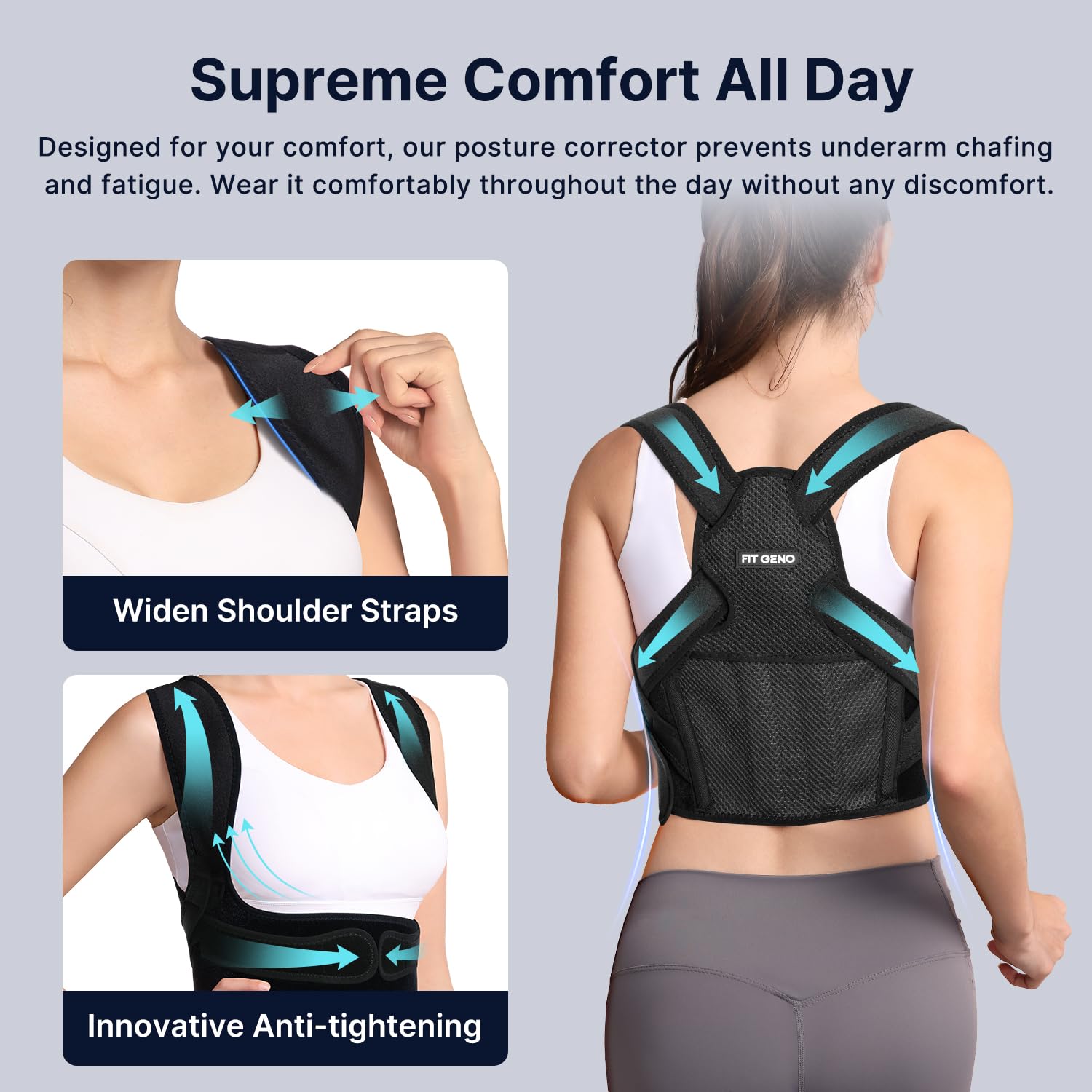 Fit Geno Posture Corrector breathable materials keep you cool.