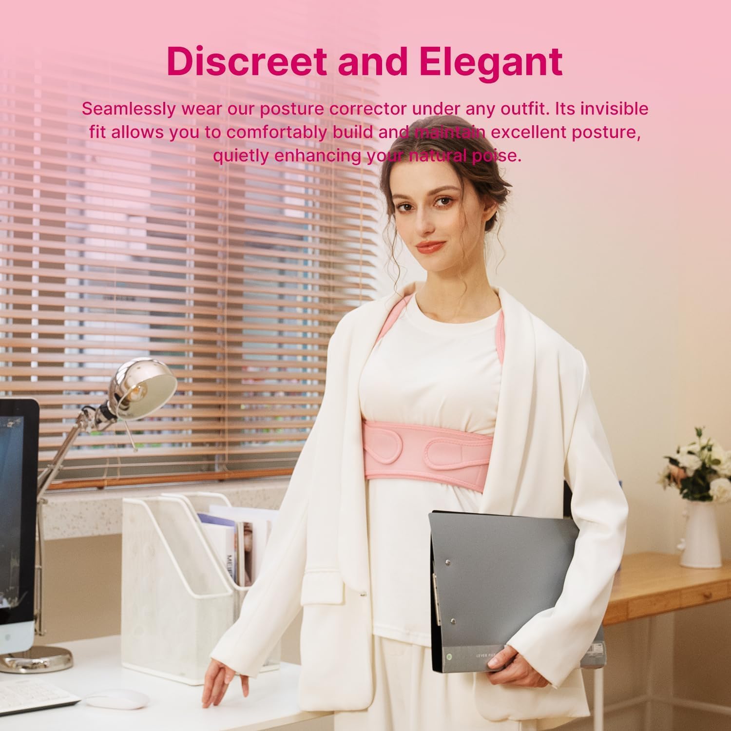 Fit Geno daily-wear brace supports posture during work and travel.