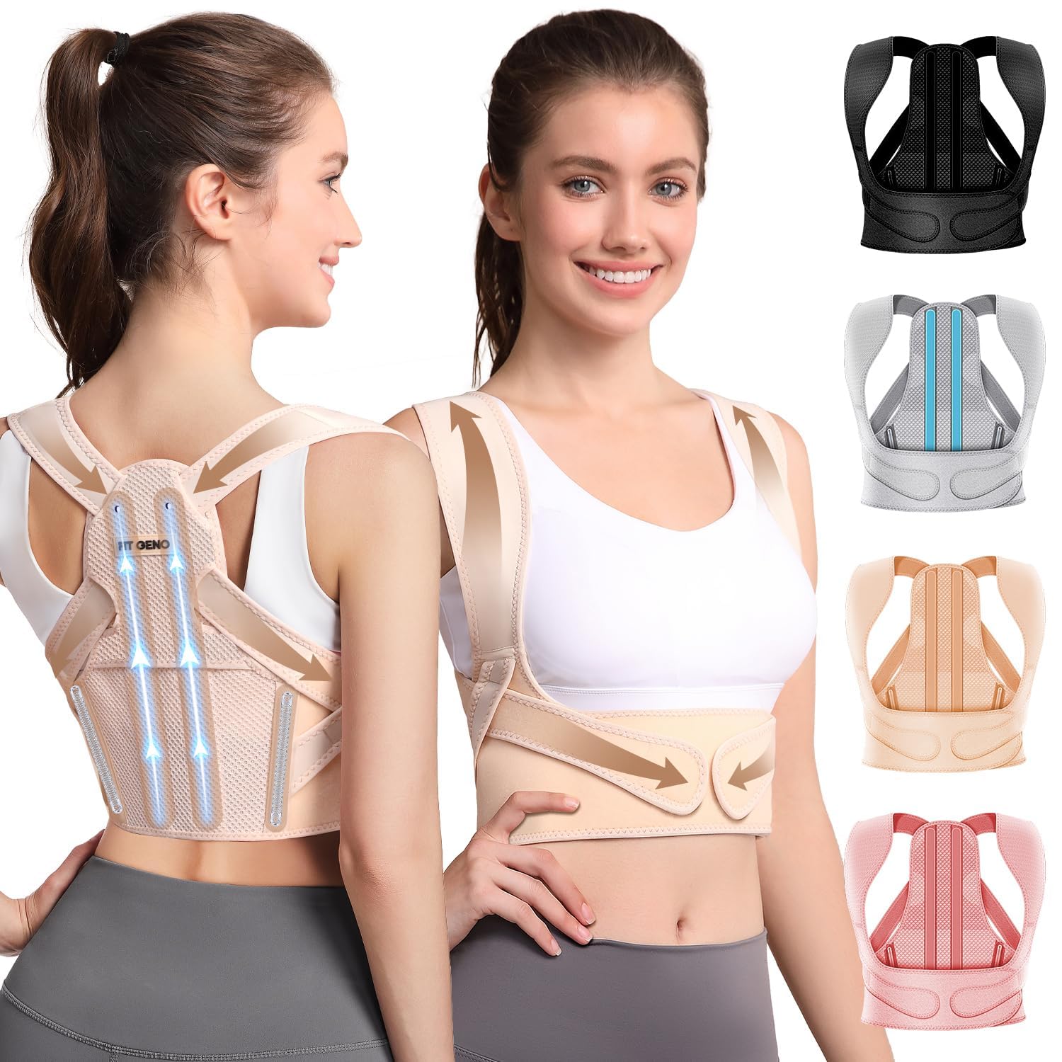 Fit Geno posture corrector for women with adjustable straps provides secure upper back support