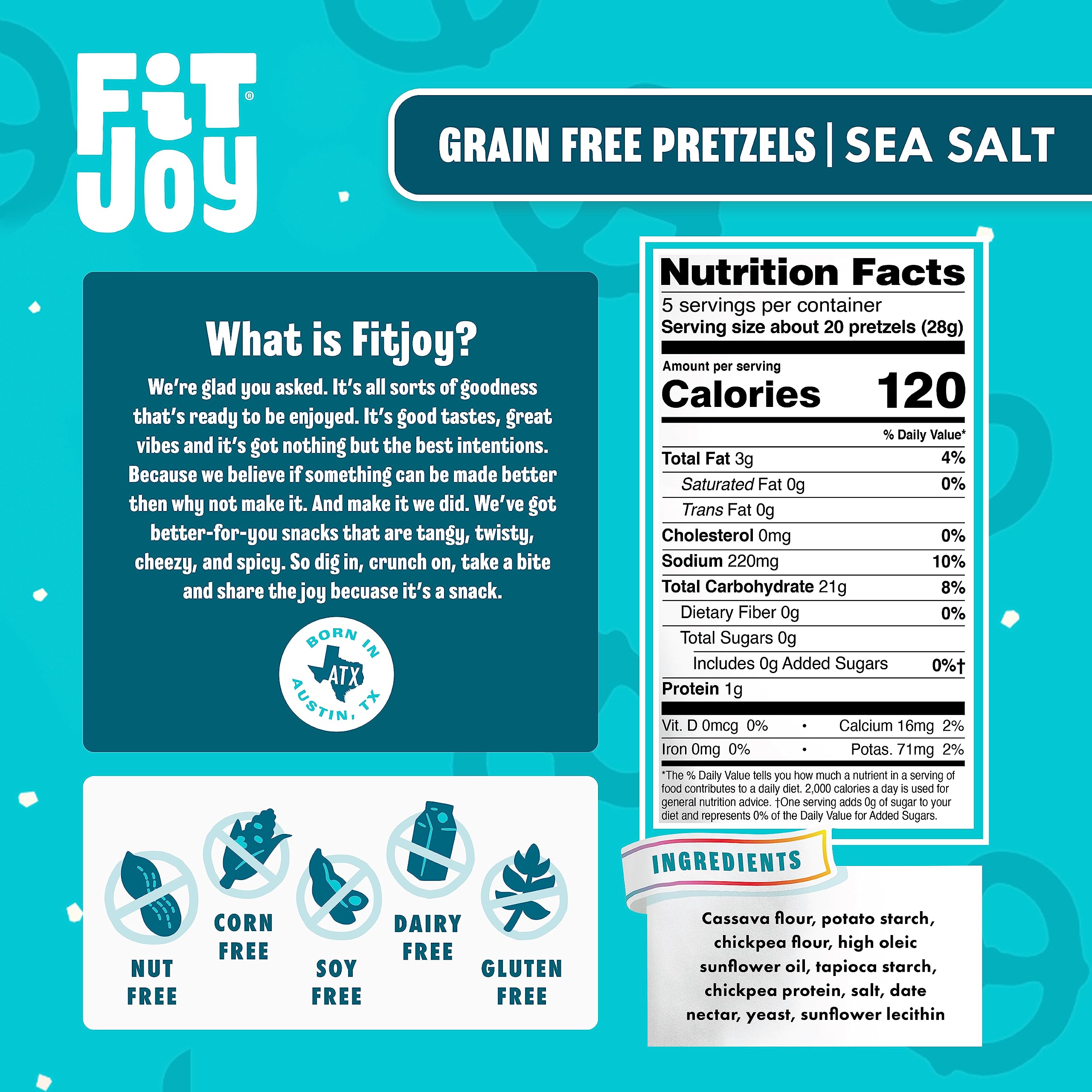 FitJoy sea salt pretzels 5oz bag closeup; crisp texture and classic flavor.