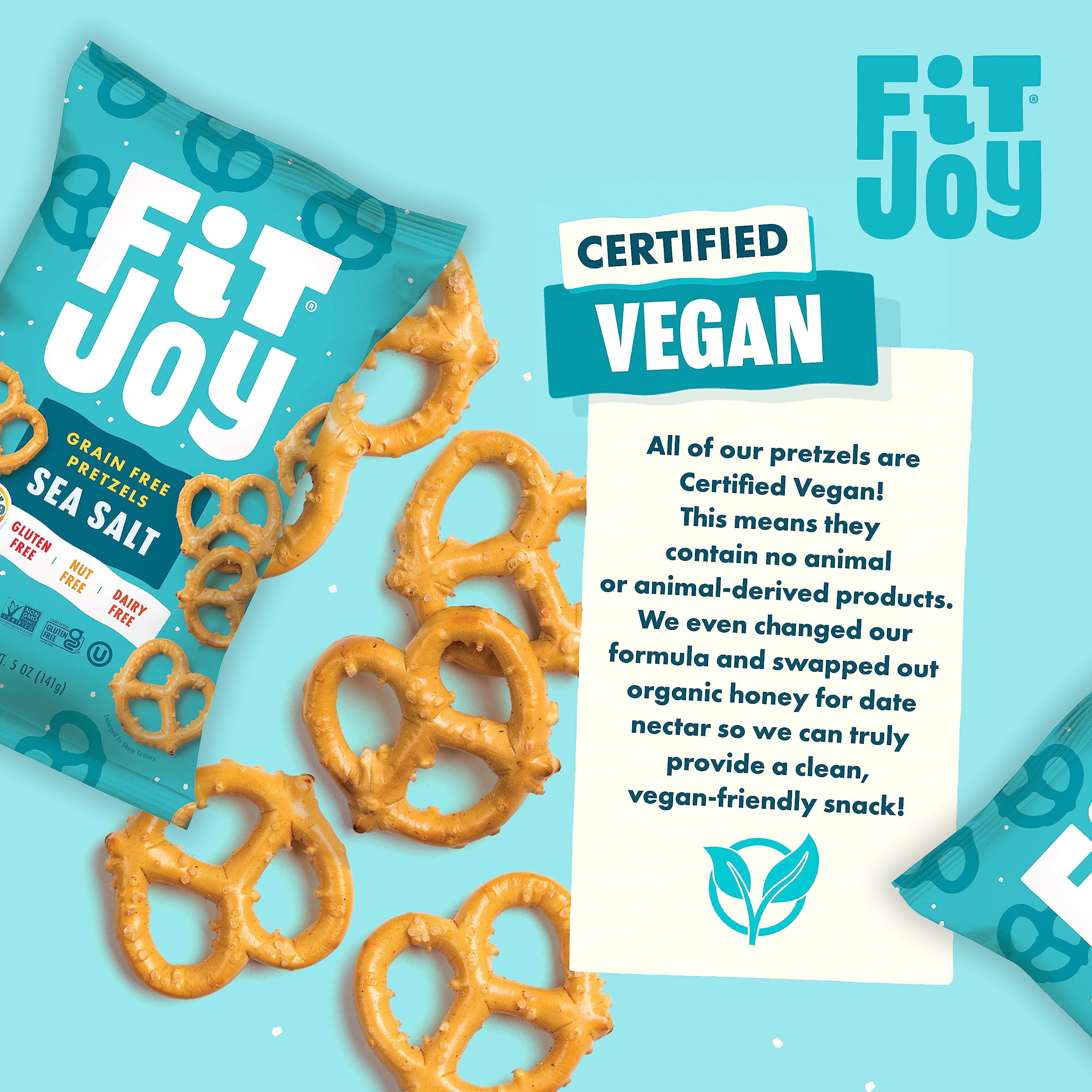 FitJoy sea salt pretzels allergen-friendly closeup; gluten-free and grain-free option.