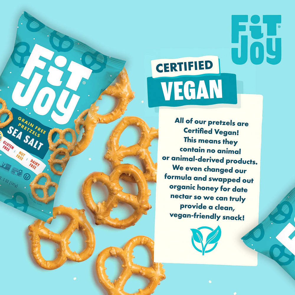 FitJoy sea salt pretzels allergen-friendly closeup; gluten-free and grain-free option.