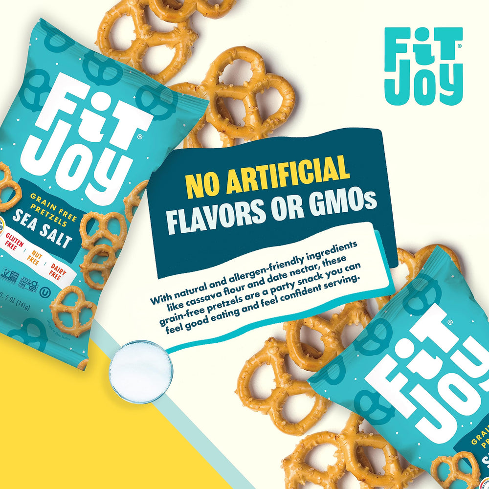 FitJoy sea salt pretzels crunchy texture closeup; satisfying bite between meals.