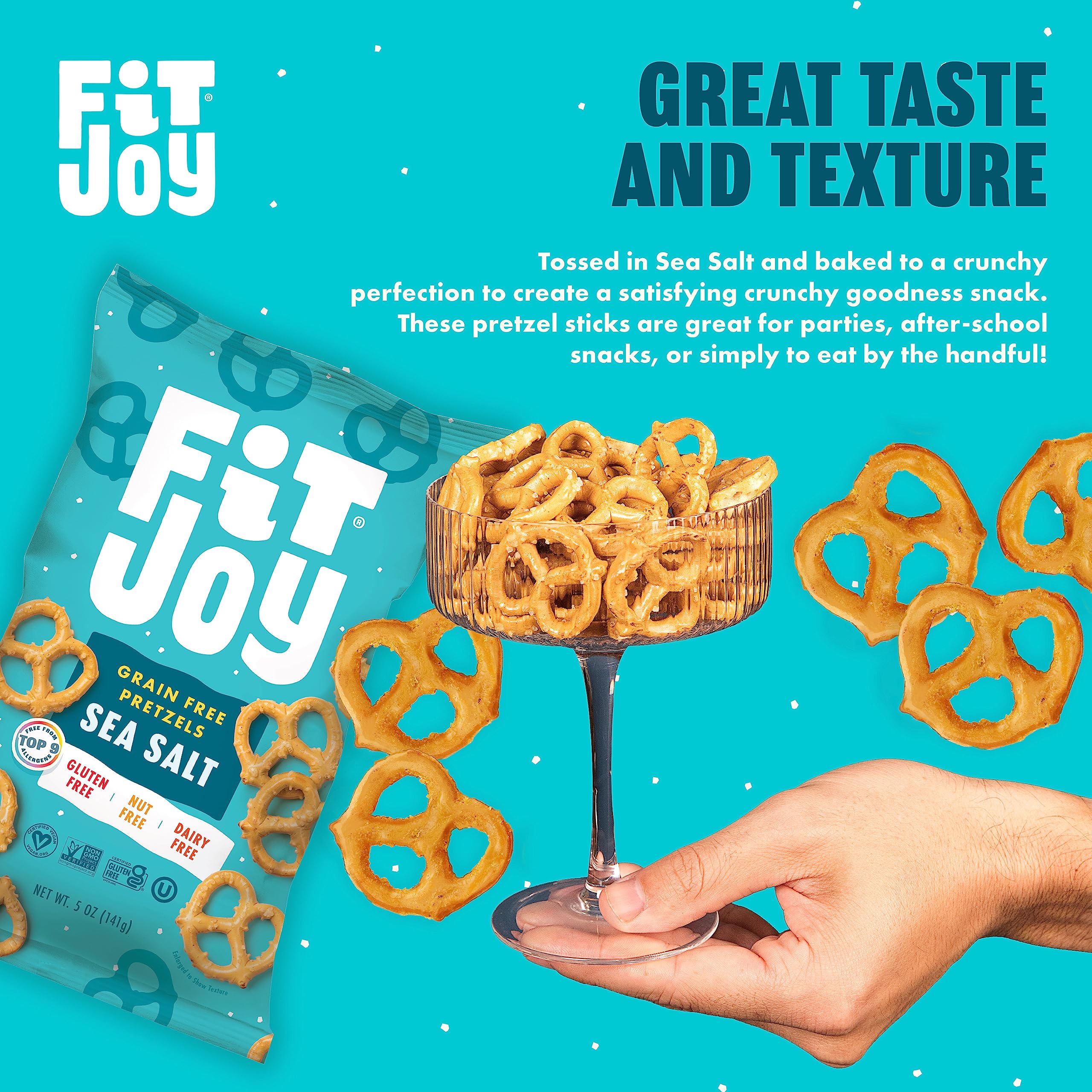 FitJoy sea salt pretzels vegan ingredients closeup; dairy-free and plant-based snack.