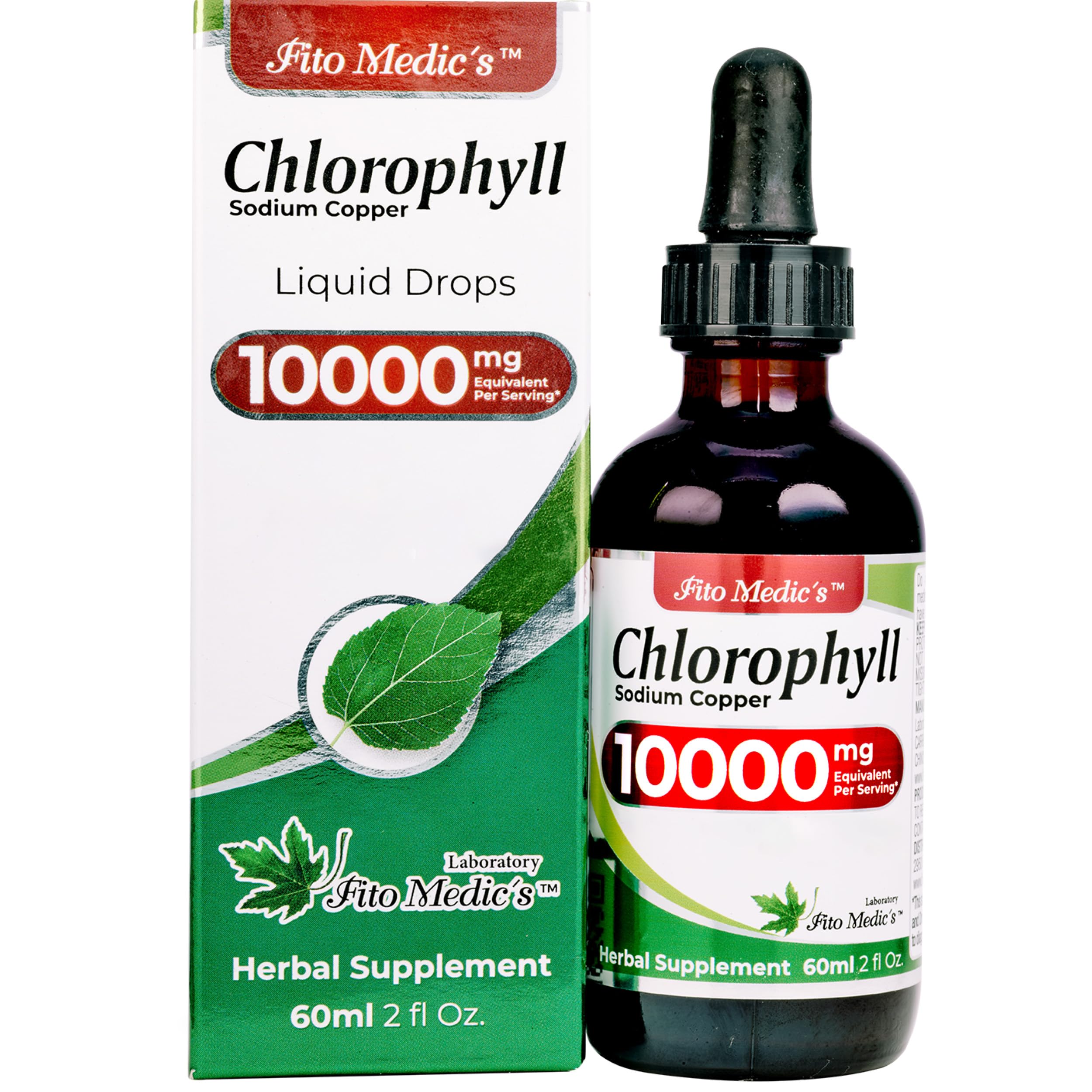 Close-up of FITO MEDIC'S Lab chlorophyll drops pouring into a glass for daily use.