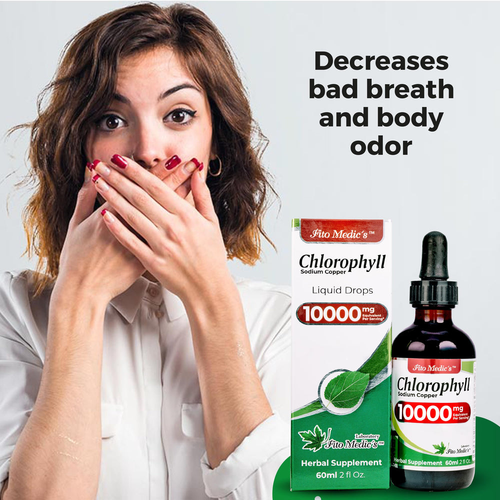 Glass with FITO MEDIC'S Lab chlorophyll liquid and a dropper for easy daily intake.