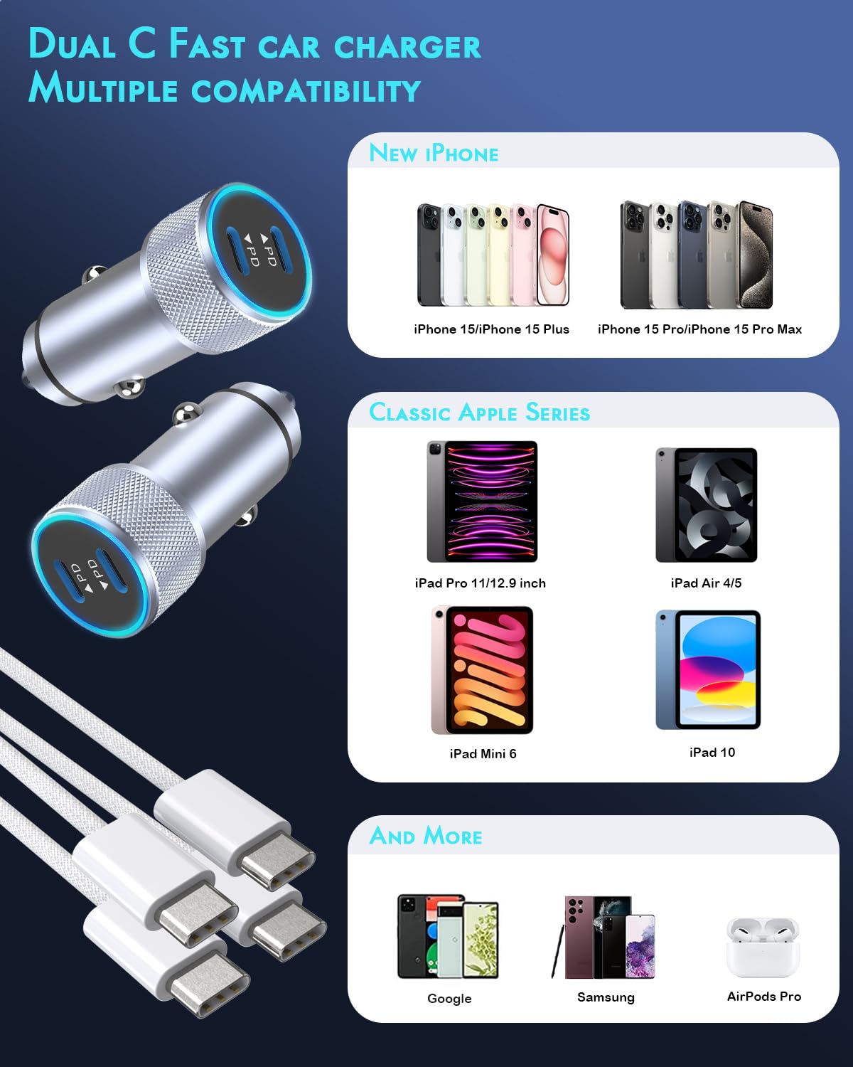 Bundle image of 2-pack car chargers and 2 nylon braided cables for travel.