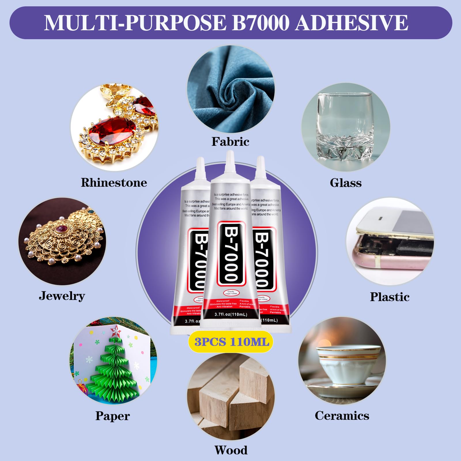 Multipurpose adhesive for fabric, wood, glass and more.