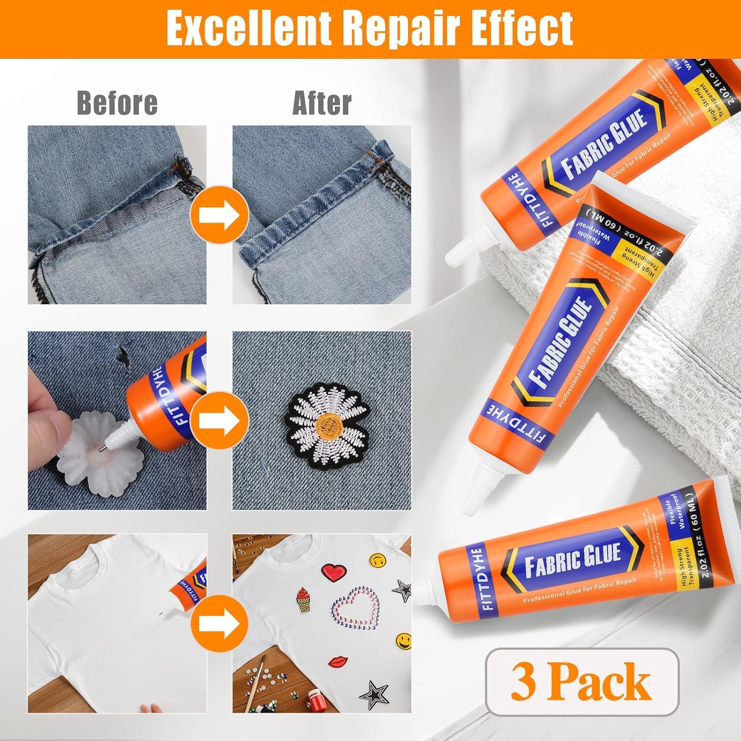 Transparent glue dries clear on fabrics after washing.