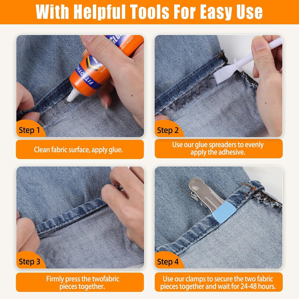 DIY patches and rhinestones adhere securely to fabric.