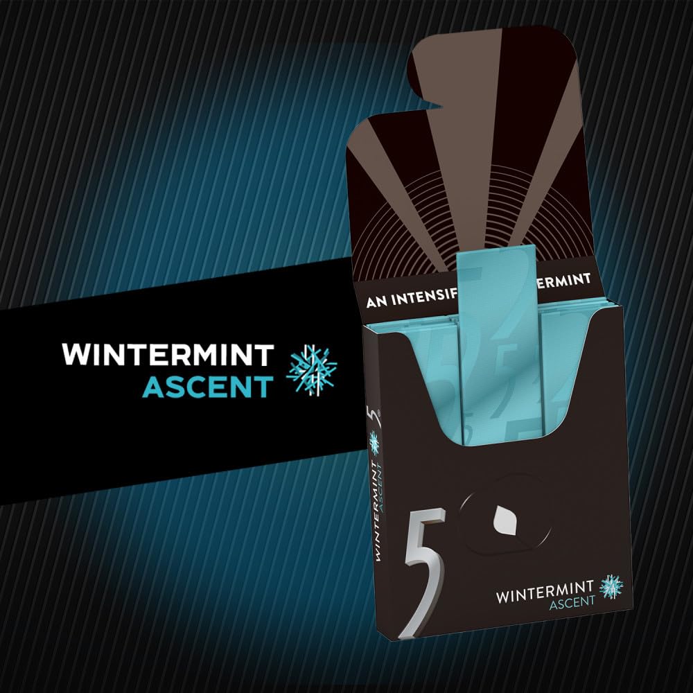 Sugar-free label on Five GUM Wintermint Ascent packaging for a guilt-free chew