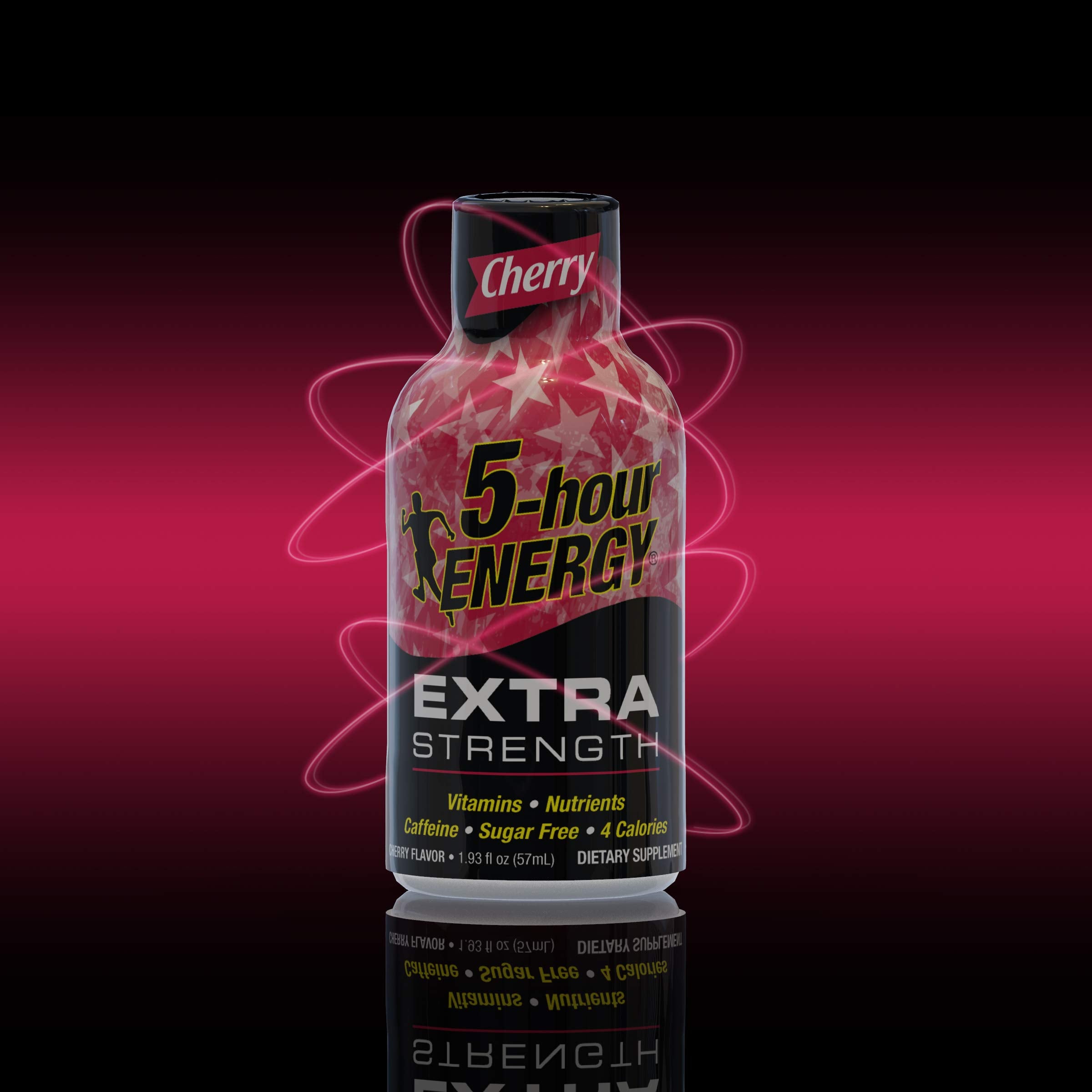 Close-up of Five-hour Energy Extra Strength Cherry bottle showing flavor and portability.
