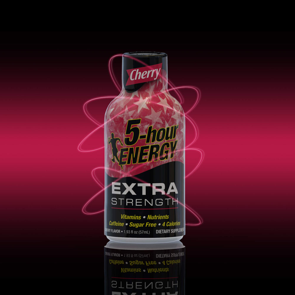 Close-up of Five-hour Energy Extra Strength Cherry bottle showing flavor and portability.