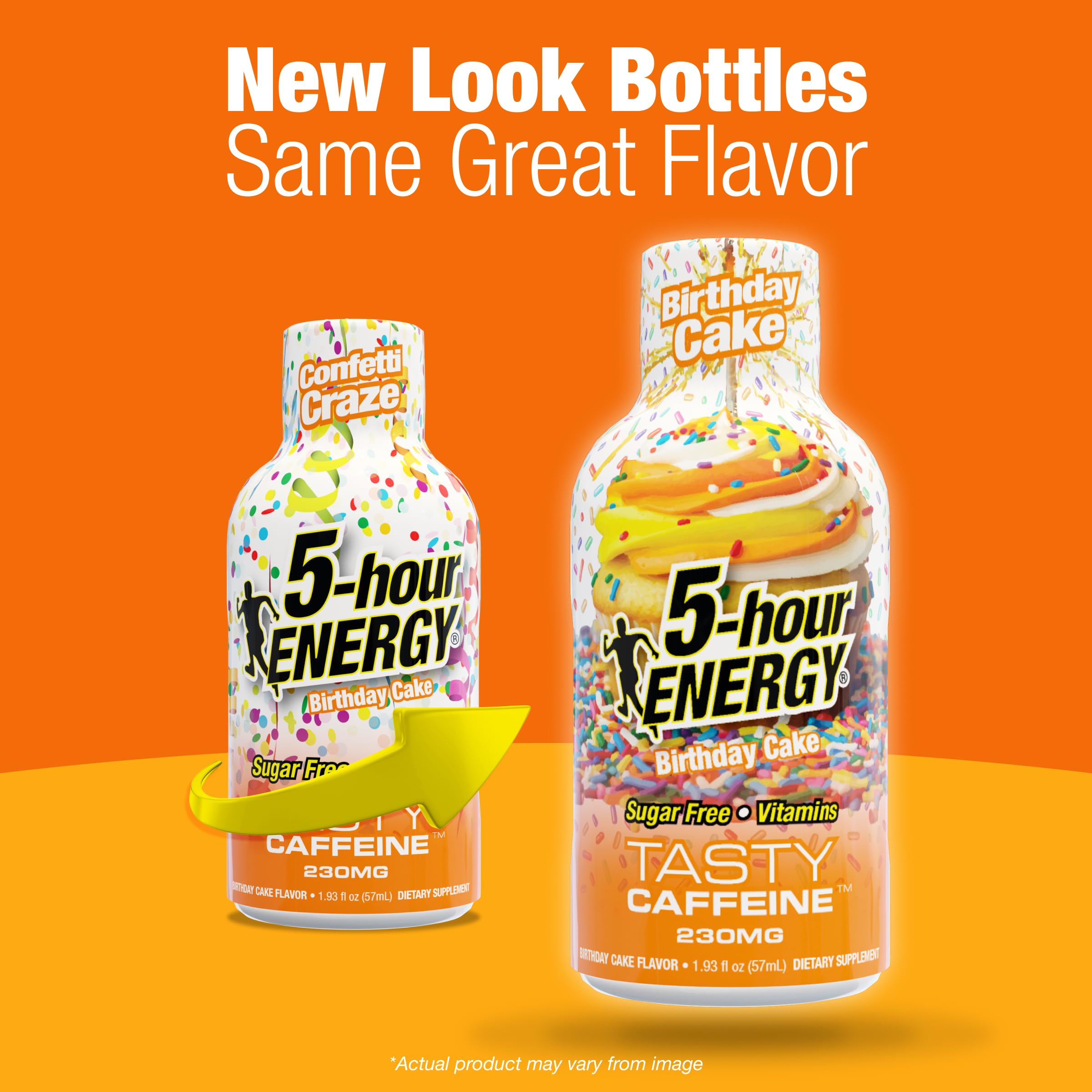 Five-hour ENERGY birthday cake label closeup promotes quick caffeine boost.