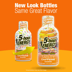 Five-hour ENERGY birthday cake label closeup promotes quick caffeine boost.