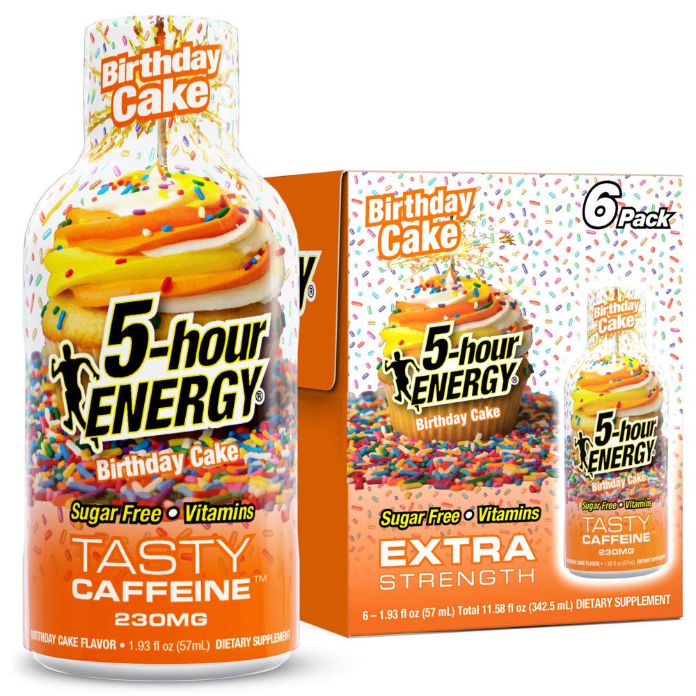 Five-hour ENERGY extra-strength shot confetti craze birthday cake bottle for quick focus.