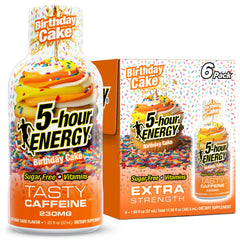 Five-hour ENERGY extra-strength shot confetti craze birthday cake bottle for quick focus.