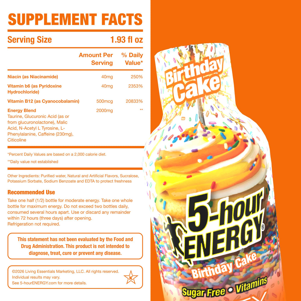 Five-hour ENERGY shot confetti craze bottle with label highlights sugar-free energy.