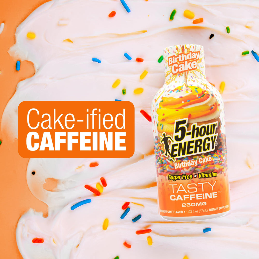 Five-hour ENERGY confetti cake packaging closeup suggests convenient on-the-go energy.