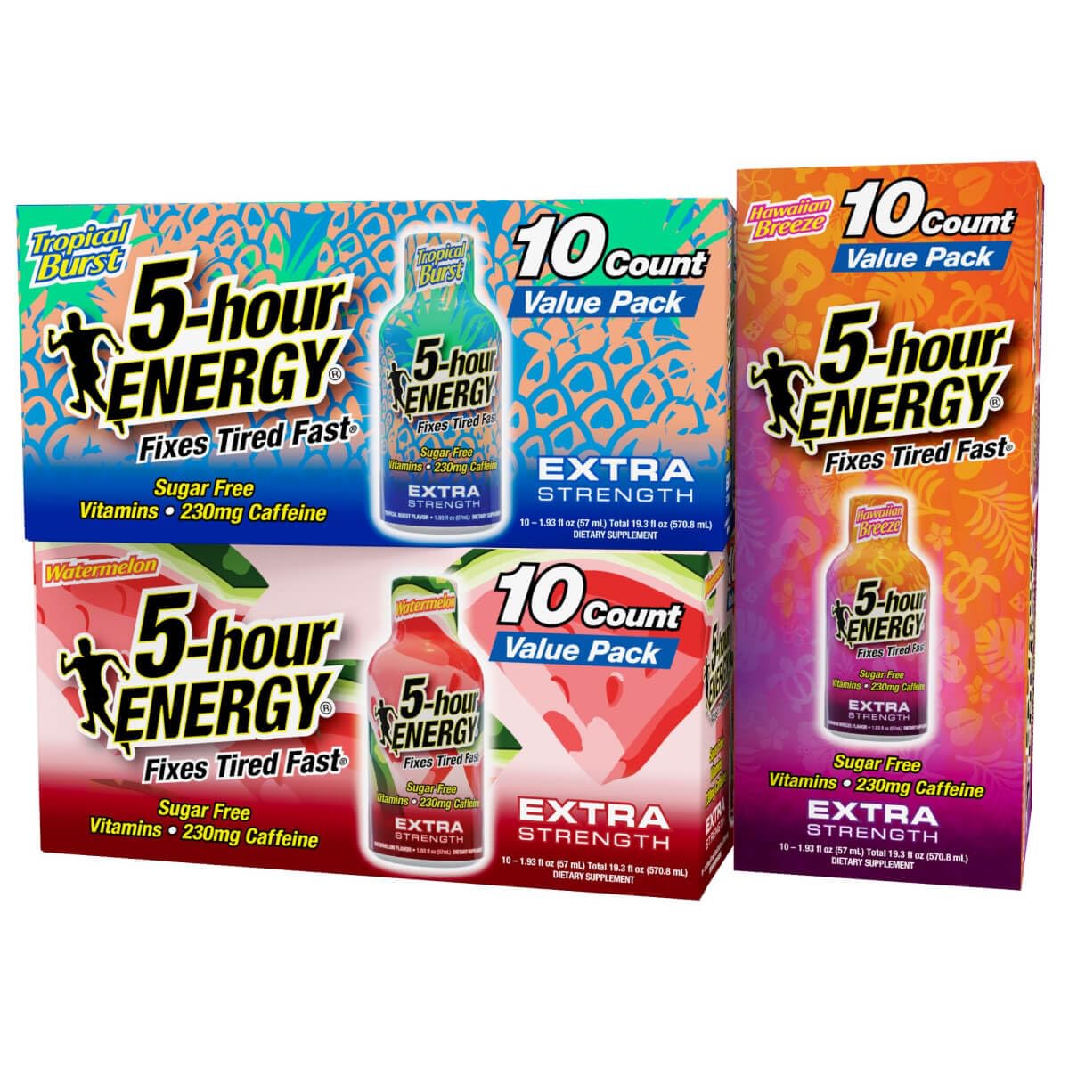 Five-hour ENERGY Extra Strength Tropical Burst bottle delivers sugar-free caffeine for quick focus.