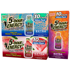 Five-hour ENERGY Extra Strength Tropical Burst bottle delivers sugar-free caffeine for quick focus.