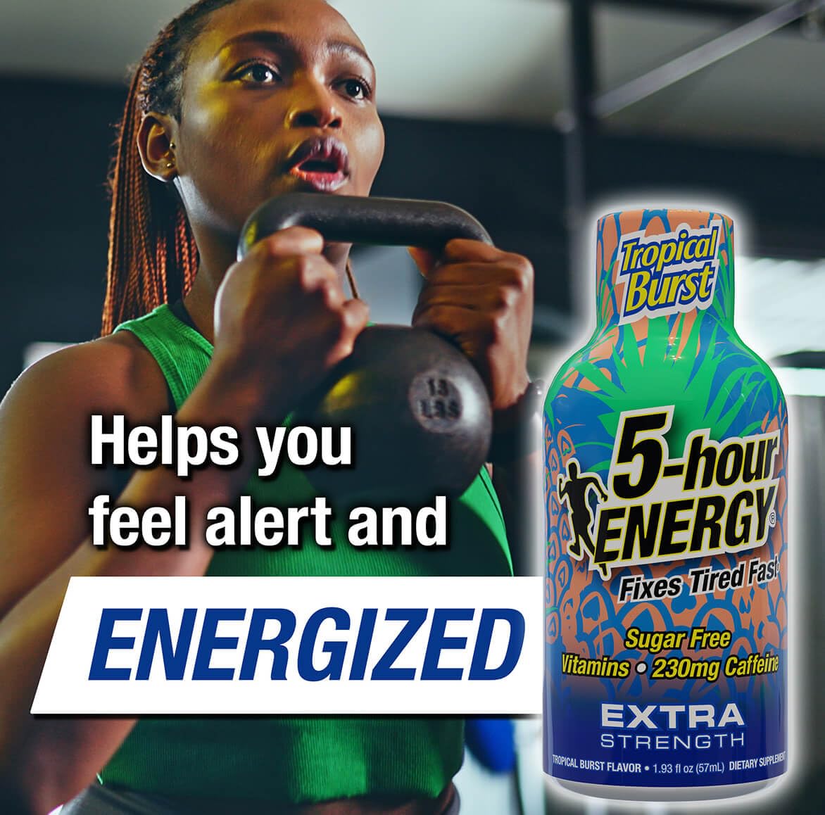 Product packaging display of Five-hour ENERGY Tropical Burst on shelf
