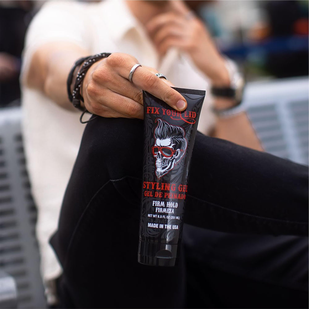 Fix Your Lid styling gel applied to wet hair for versatile styling.