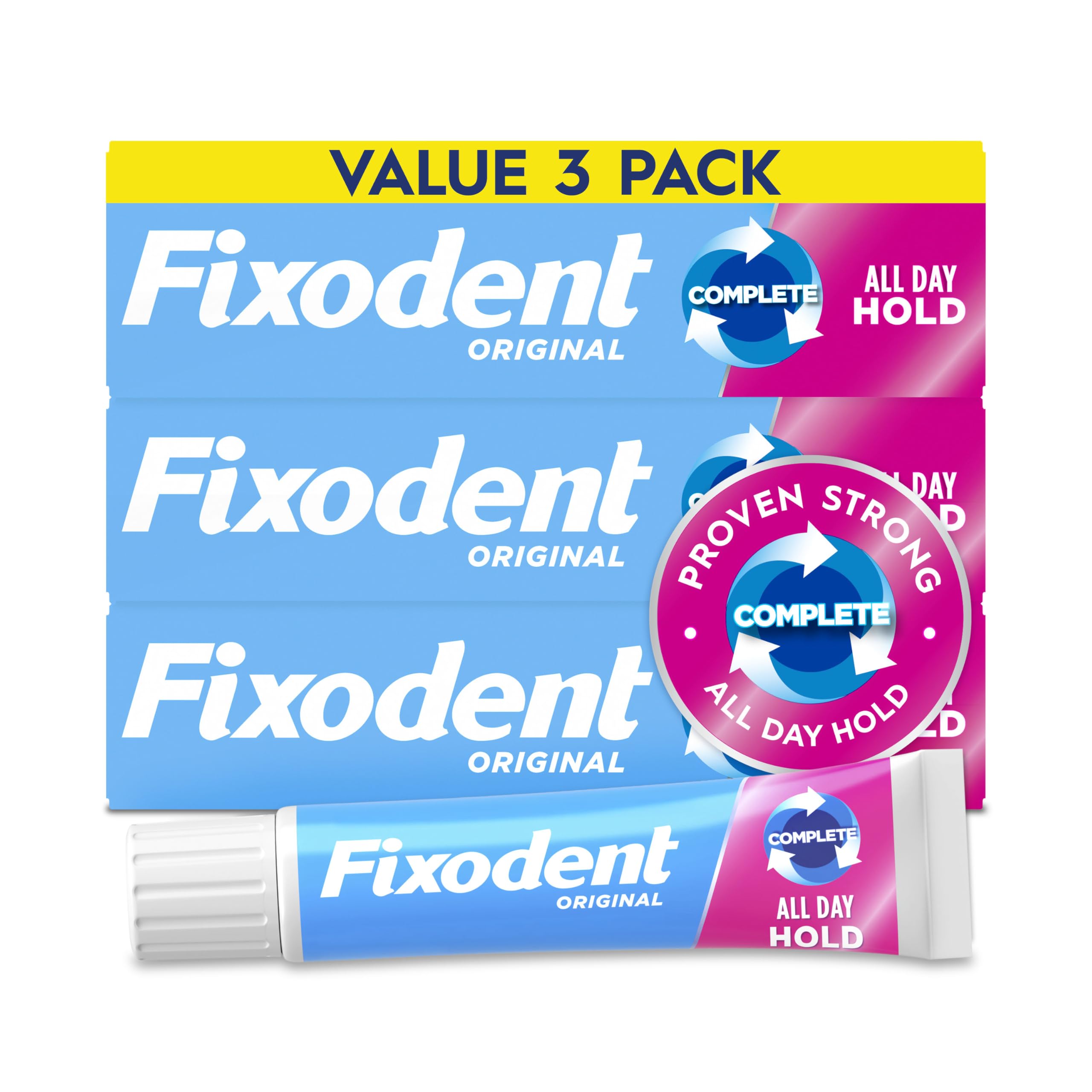 Fixodent Complete Original bottle and tube for reliable all-day hold