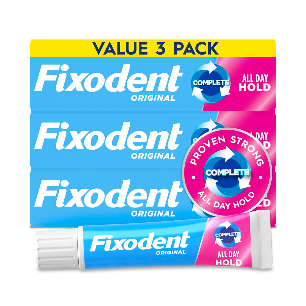 Fixodent Complete Original bottle and tube for reliable all-day hold