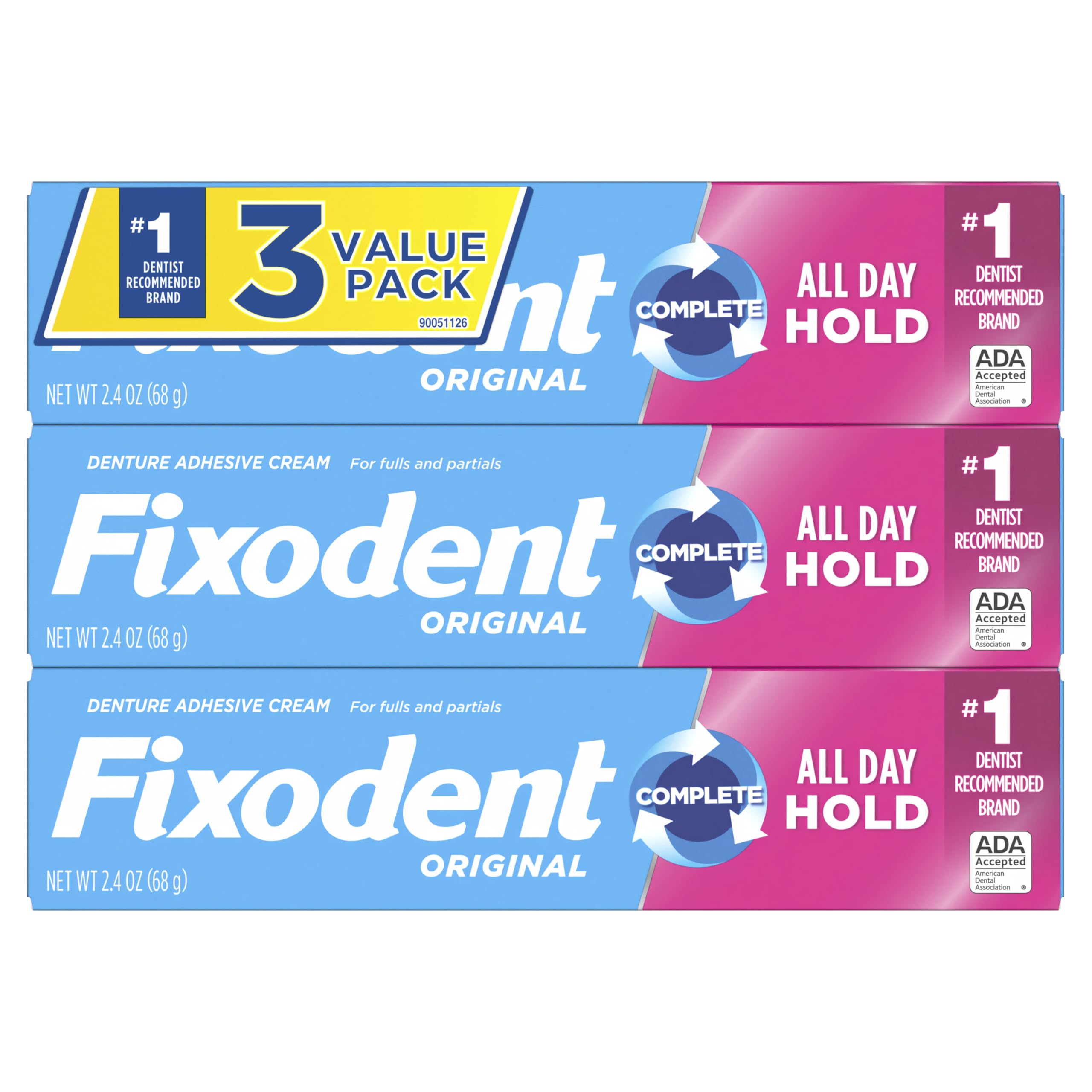 Three-pack Fixodent Complete Original keeps you stocked at home