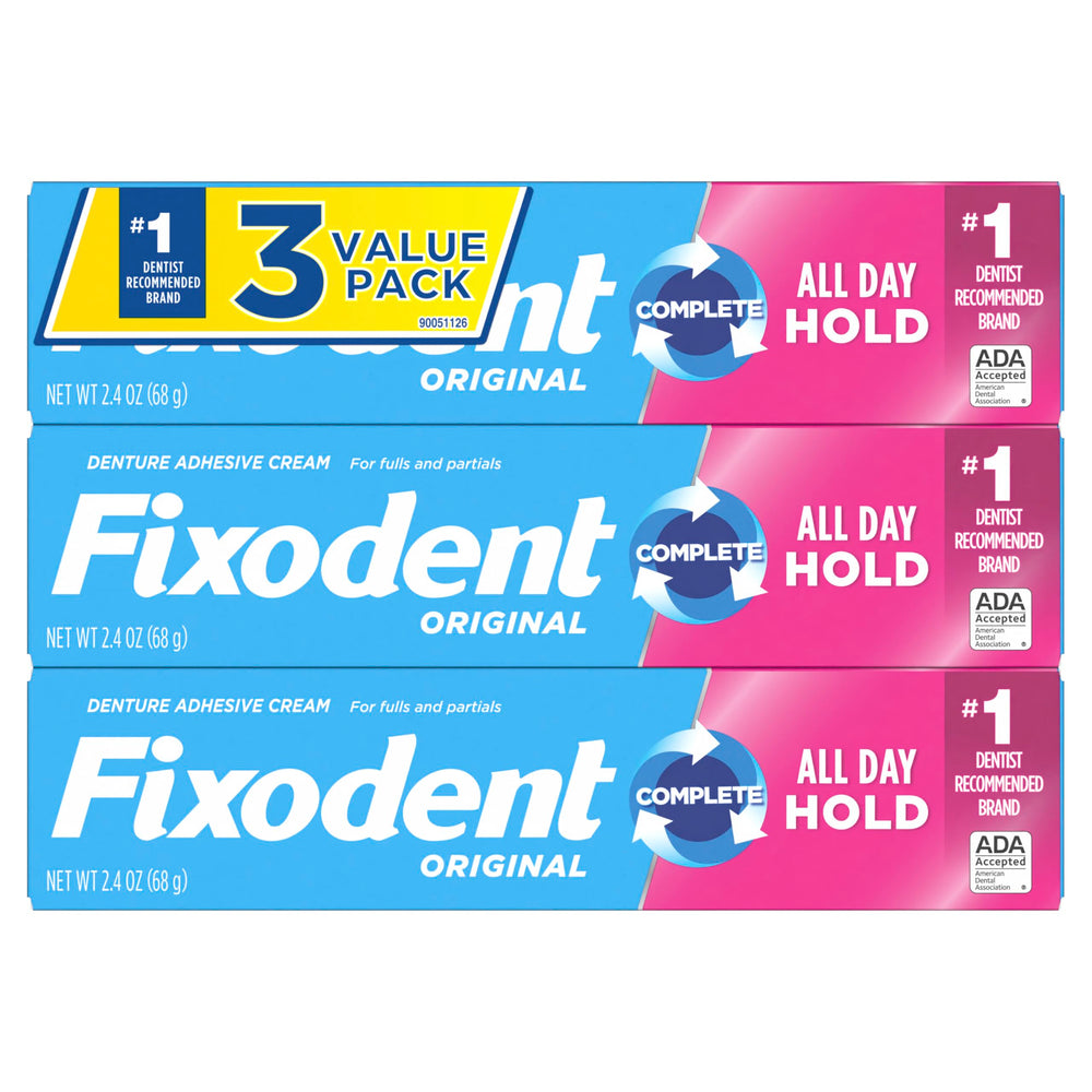 Three-pack Fixodent Complete Original keeps you stocked at home