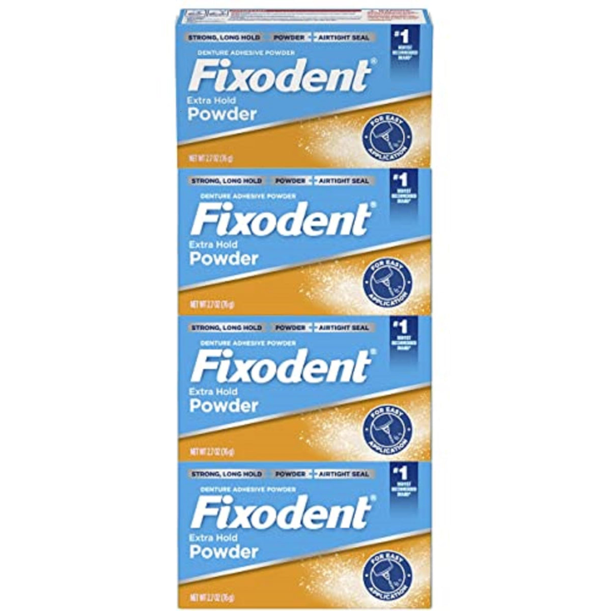 Fixodent Extra Hold powder packaging shows a 4-pack box for all-day hold.