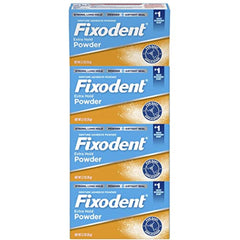 Fixodent Extra Hold powder packaging shows a 4-pack box for all-day hold.