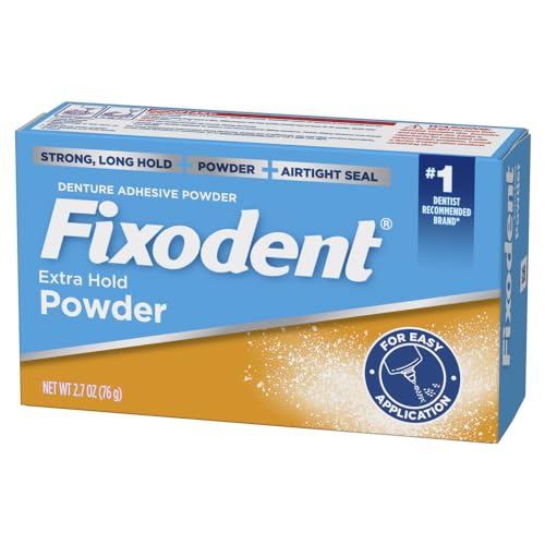 Fixodent Extra Hold powder airtight seal close-up showcases secure fit.