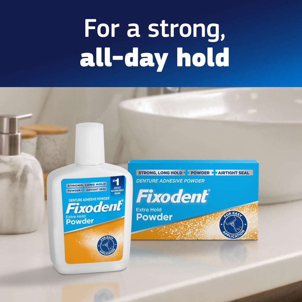 Fixodent Extra Hold powder drawer storage shows compact packaging.