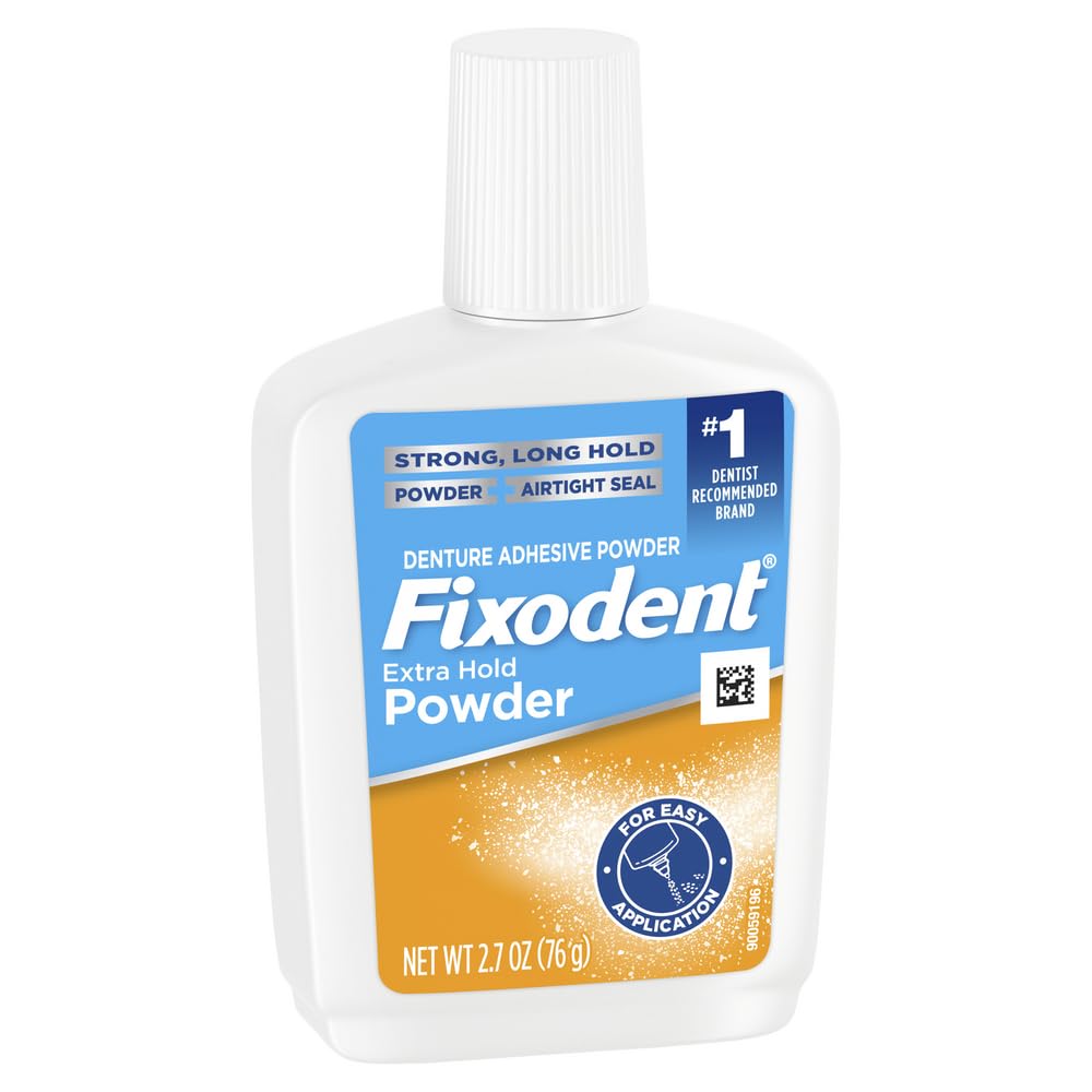 Fixodent Extra Hold powder recyclable carton emphasizes eco-friendly packaging.