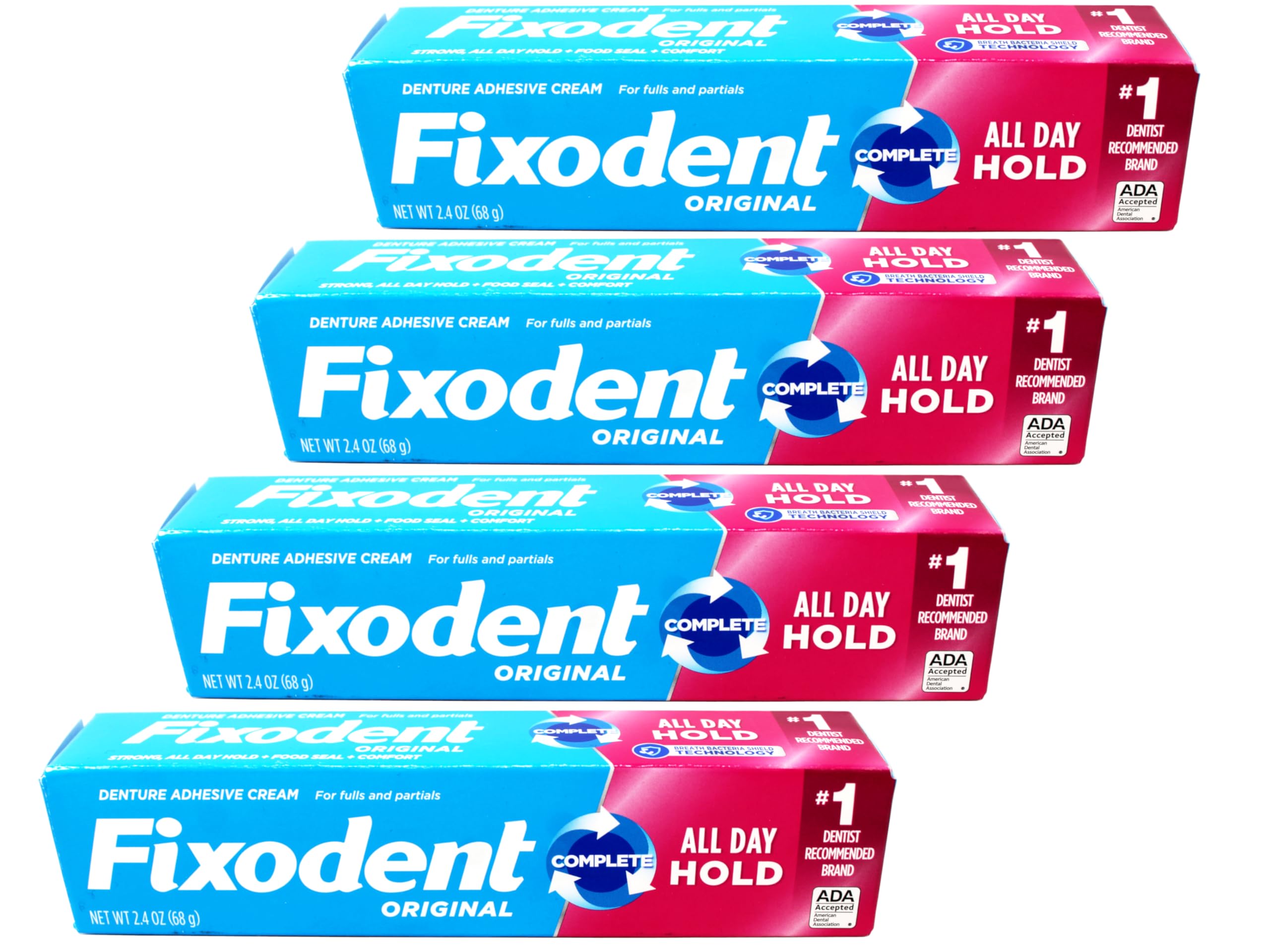 Fixodent Original denture adhesive cream tube shows strong hold for all-day wear.