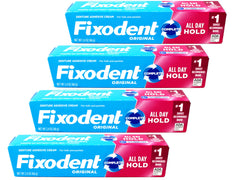 Fixodent Original denture adhesive cream tube shows strong hold for all-day wear.